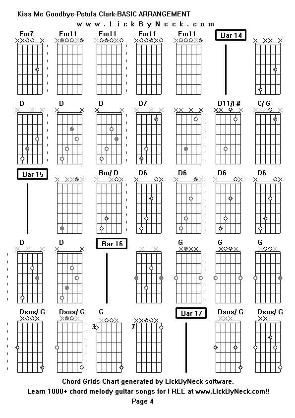 Chord Grids Chart of chord melody fingerstyle guitar song-Kiss Me Goodbye-Petula Clark-BASIC ARRANGEMENT,generated by LickByNeck software.